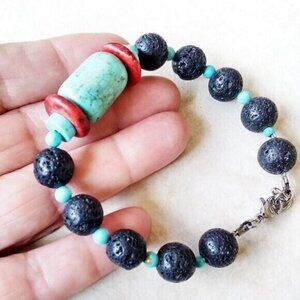Uniquely Handmade! Red + Turquoise Howlite + Black Lava Rock Bracelet! 6.5-7"